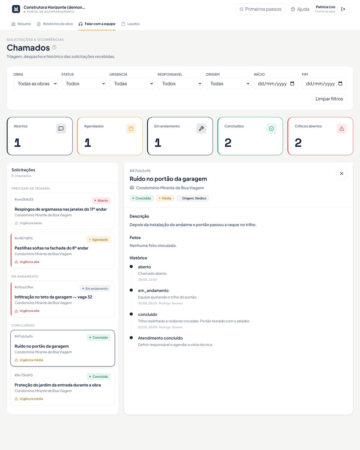 Portal do síndico do MF com a lista de chamados e o histórico de um chamado concluído
